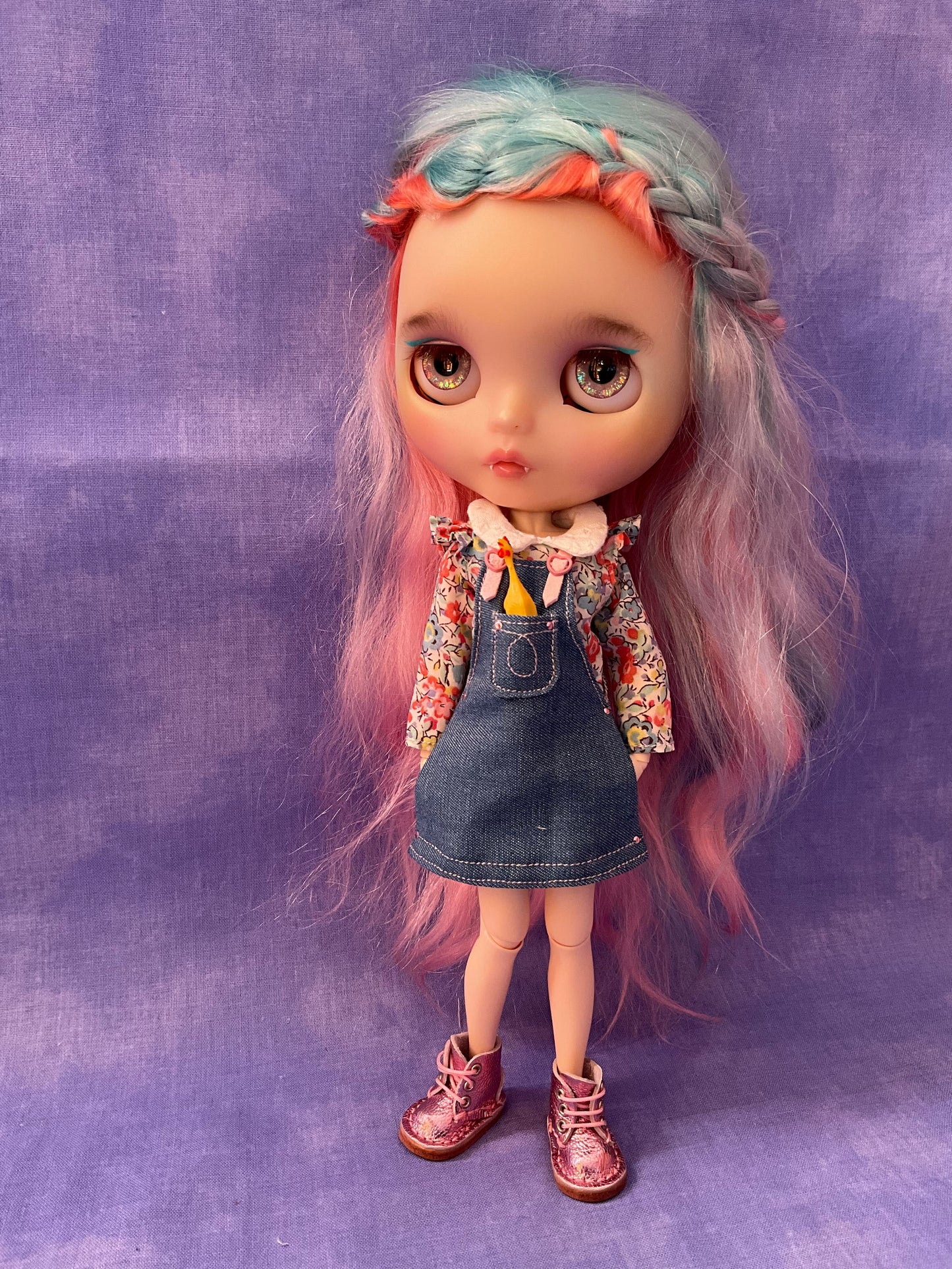 Denim pinafore and Liberty flutter sleeve blouse