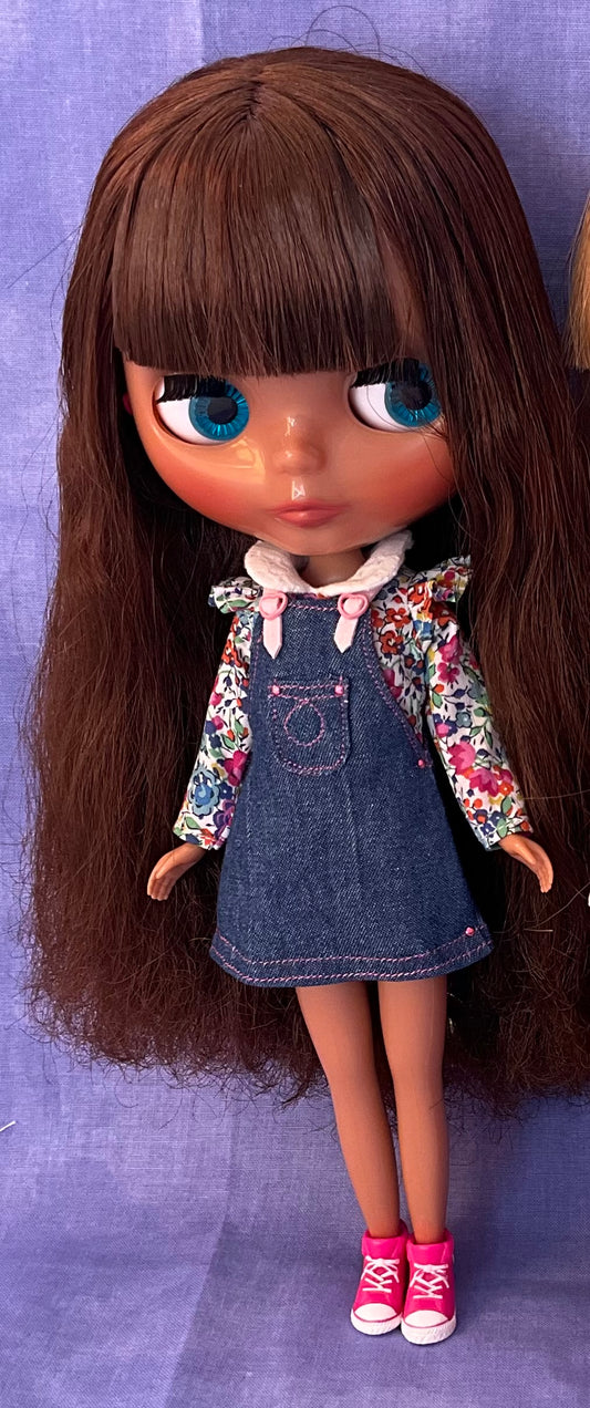 Denim pinafore and Liberty flutter sleeve blouse